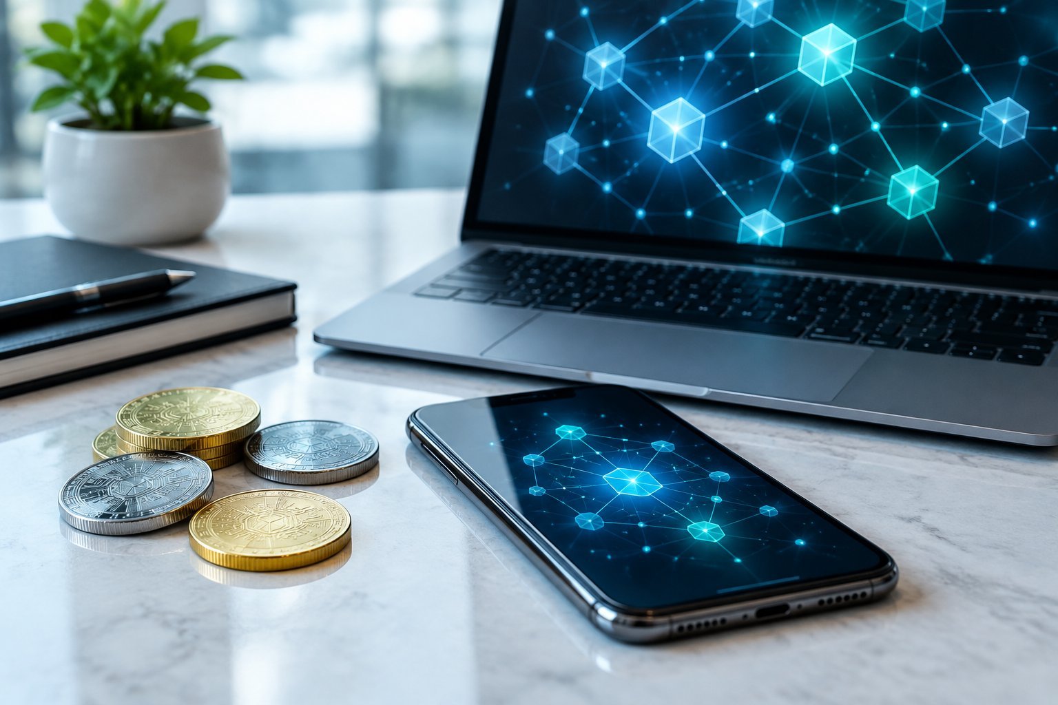 Crypto coins beside a smartphone and laptop displaying a network visualization.