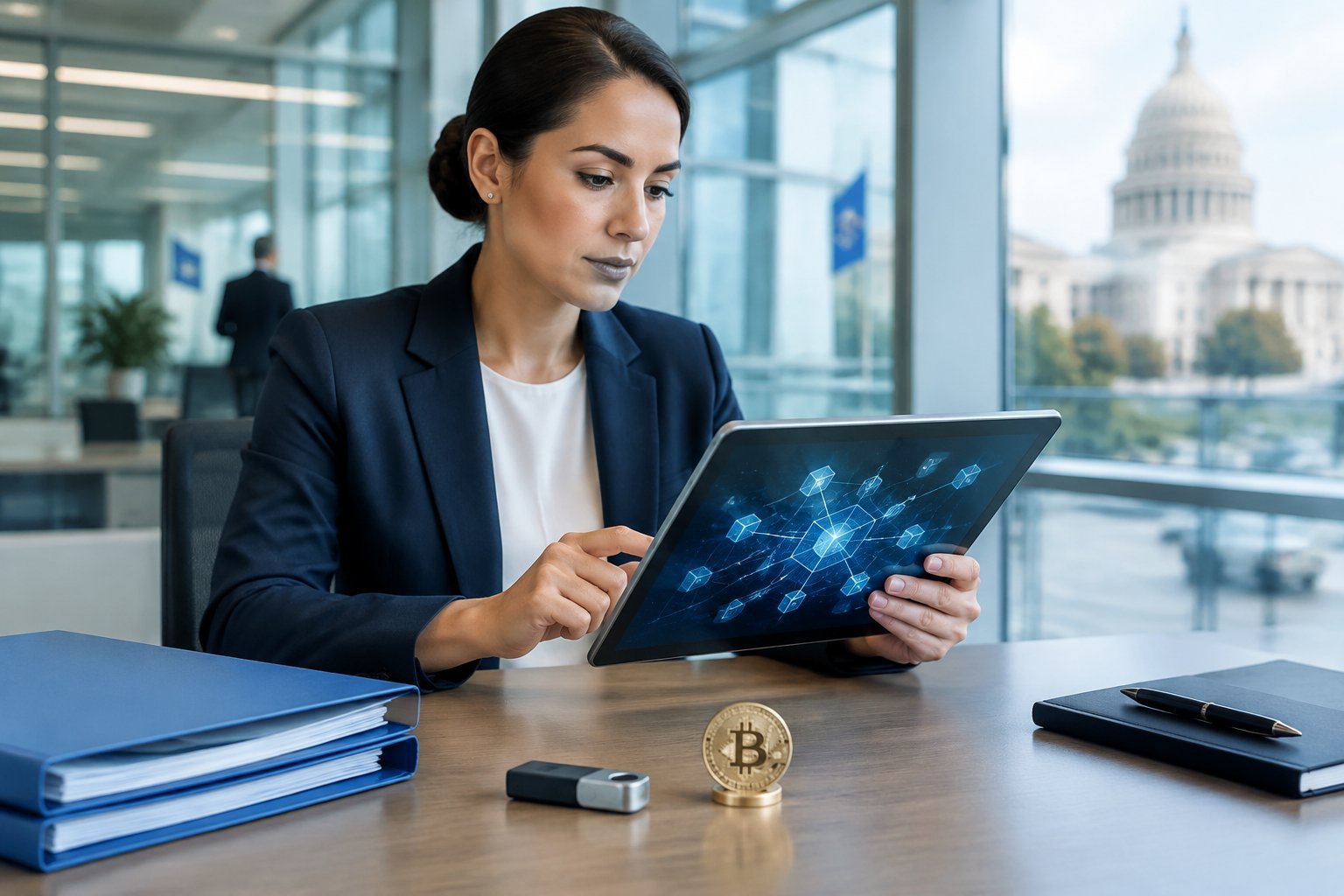 A compliance professional reviews a tablet beside folders and a cryptocurrency token in a modern office.