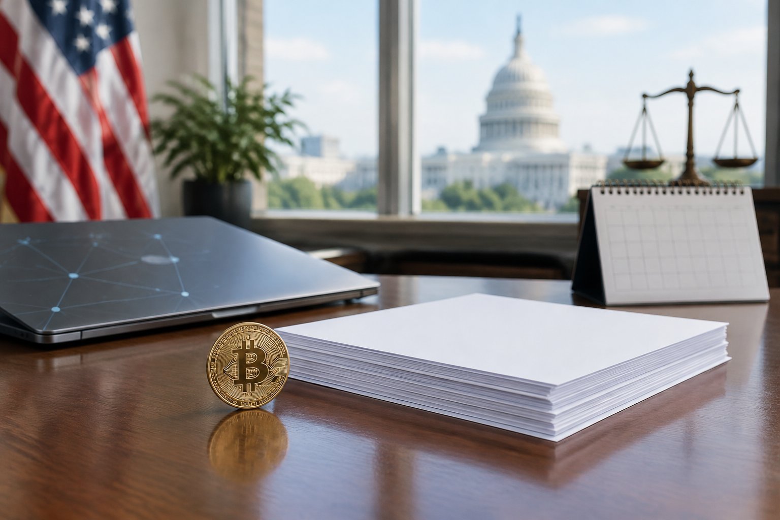 A Bitcoin token and blank legal papers on a desk in a policy office.