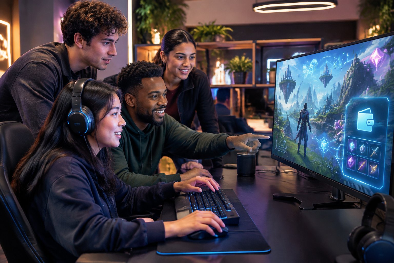 Gamers collaborate around a screen displaying a futuristic video game.